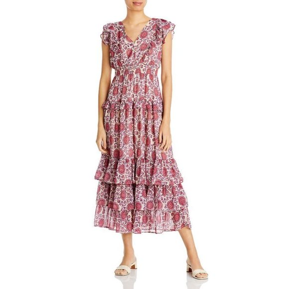 AQUA Ruffled Floral Metallic Maxi Dress in Magenta Multi - NWT - Size XS - Picture 3 of 3
